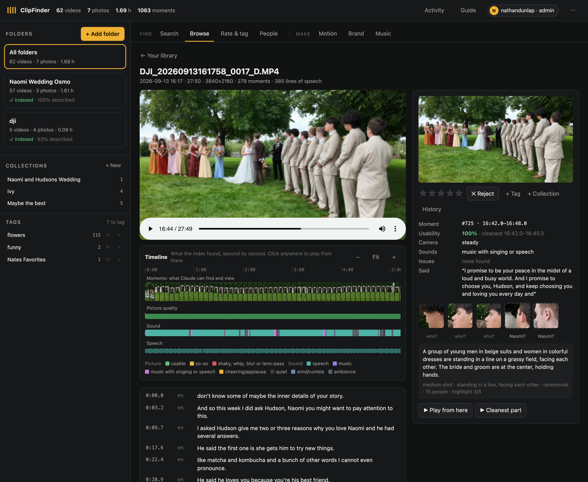 The Archive, A file screen: A 28-minute ceremony clip: 279 moments and 385 lines of speech, picture quality and sound second by second, and who's on screen.