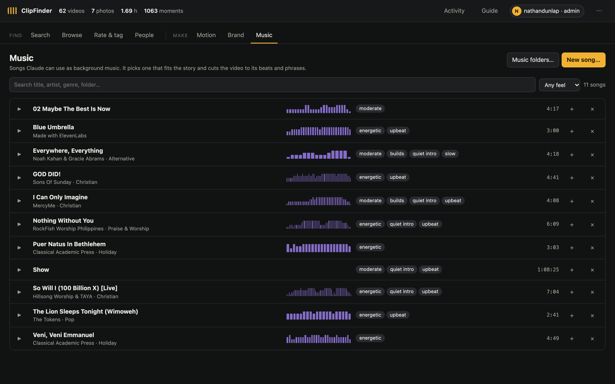 The Archive, Music screen: Every song mapped for feel and energy, phrase by phrase. “Blue Umbrella” was made with ElevenLabs for a wedding film.