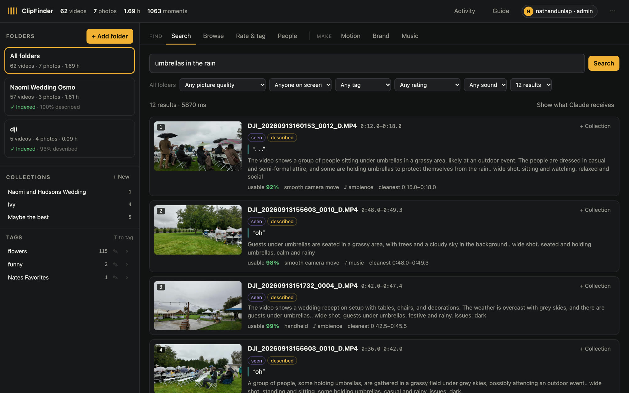 The Archive, Search screen: Find exactly the way Archi does. “Umbrellas in the rain” found 12 moments, each with what's seen and said, how usable it is and its cleanest seconds.