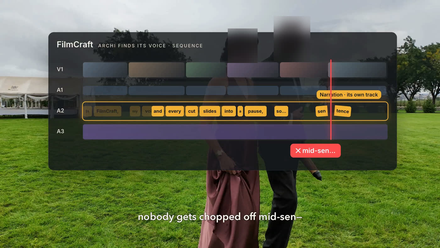 A mock FilmCraft timeline over a wedding lawn, the word sentence split in two by a cut and a red “mid-sen…” flag