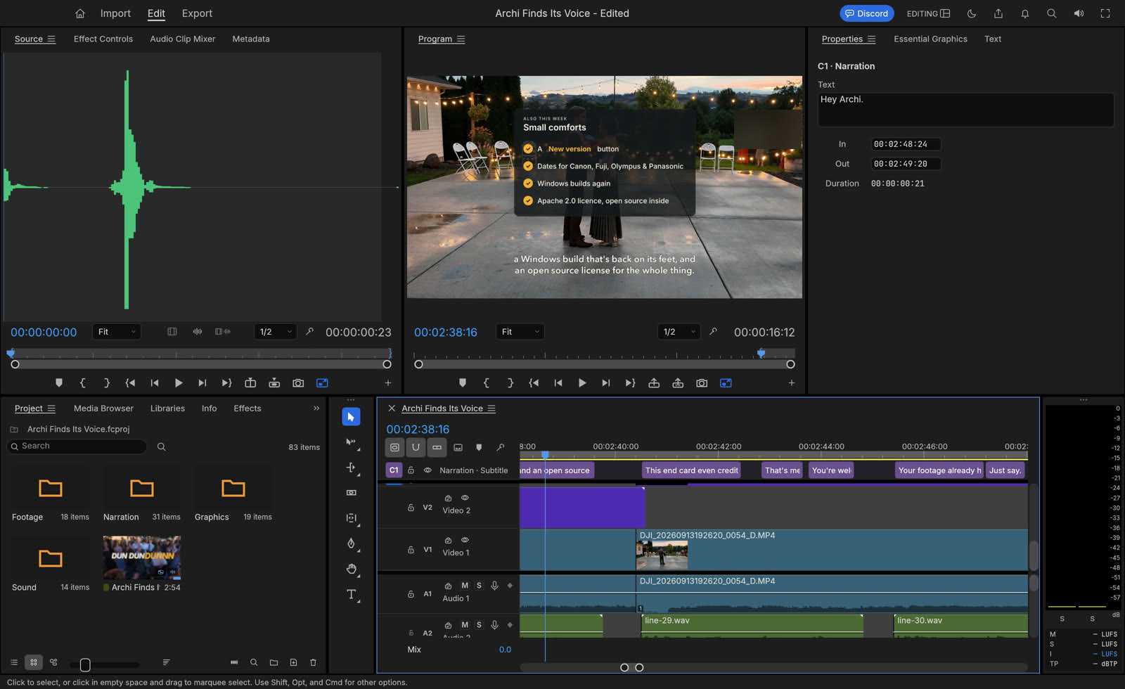 The finished project open in FilmCraft at 2:38: the Small comforts card over a dance in the program monitor, the last caption, “Hey Archi.”, in Properties, and the timeline's caption, graphics, picture, sound and narration tracks