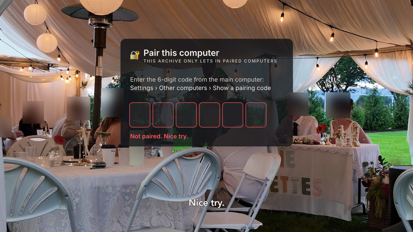 A Pair this computer dialog over the reception tent, its six boxes red with “Not paired. Nice try.”