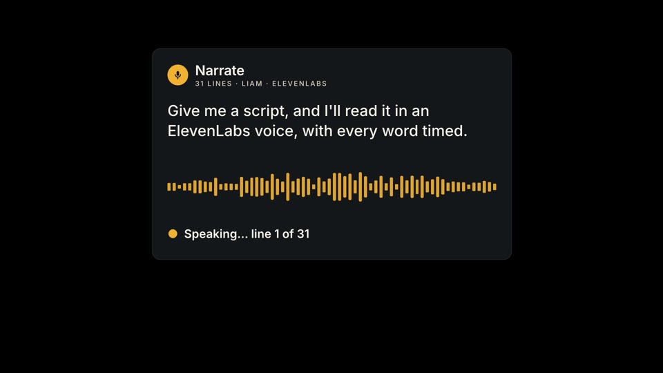 A Narrate card: a line of script lighting up word by word over an amber waveform
