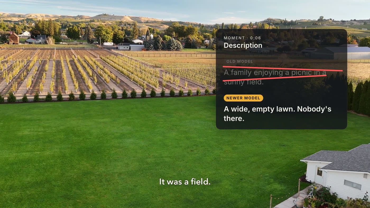 An empty lawn with a description card: “A family enjoying a picnic in a sunny field” crossed out, “A wide, empty lawn. Nobody's there.” below