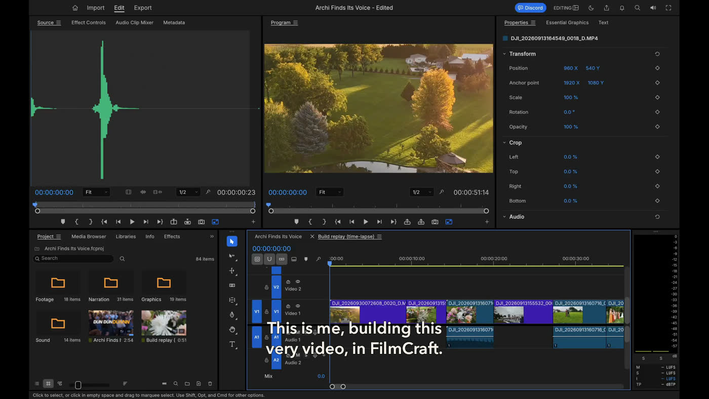 FilmCraft full screen in the film: the source and program monitors above a timeline of clips, with the caption “This is me, building this very video, in FilmCraft.”