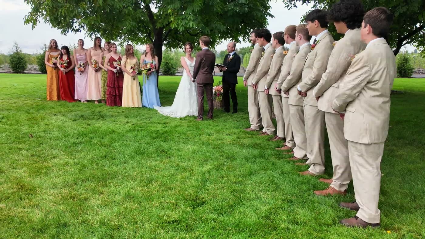 Bridesmaids in many coloured dresses and groomsmen in tan suits stand in lines under a large tree