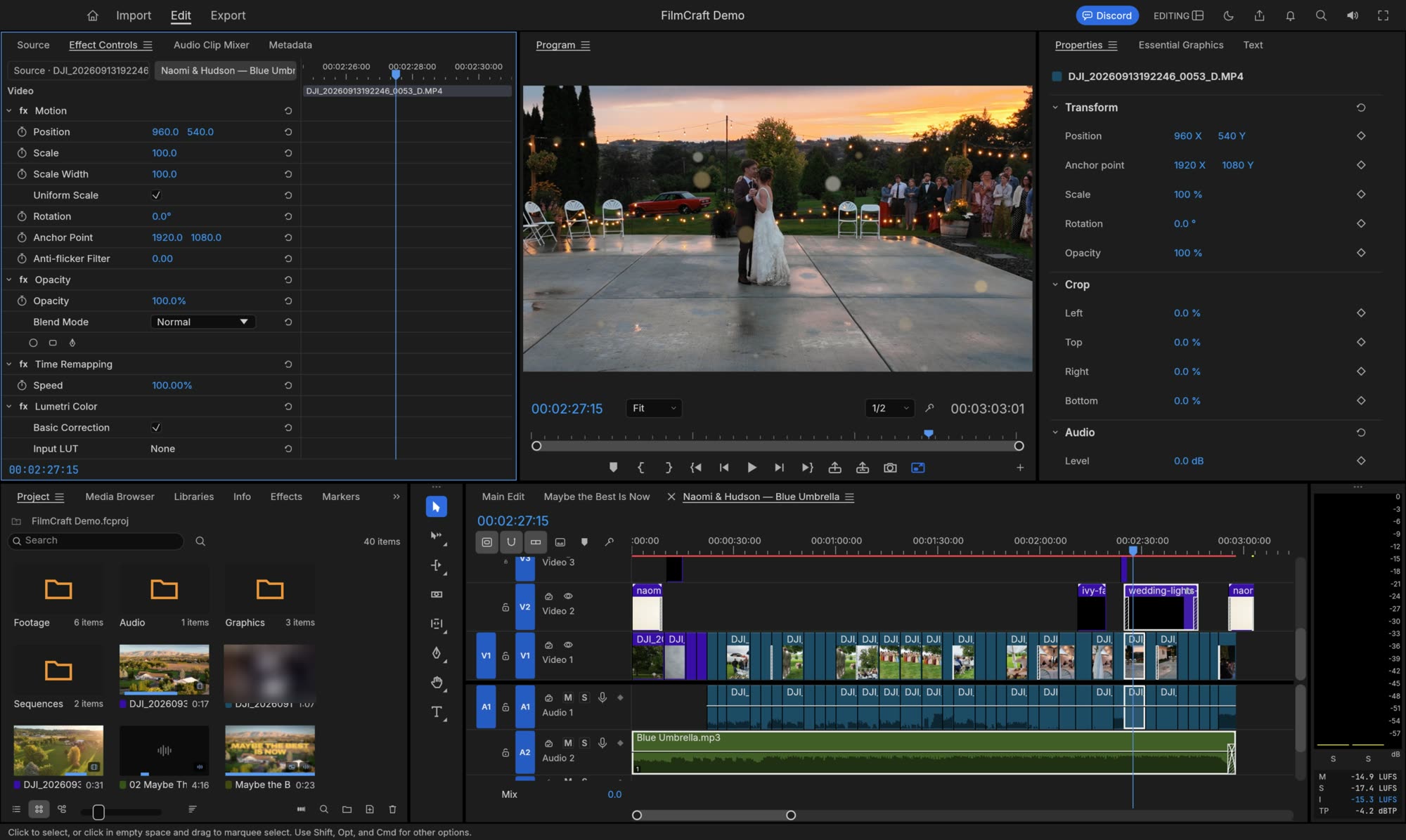 The Blue Umbrella wedding film open in FilmCraft: 39 shots on the timeline, motion graphics on the tracks above, the song below