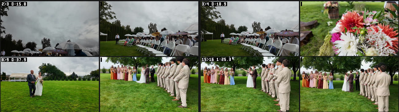 Pairs of frames showing both sides of four cuts: sky to umbrellas, wide shot to flowers, field to wedding party, and two angles of the vows