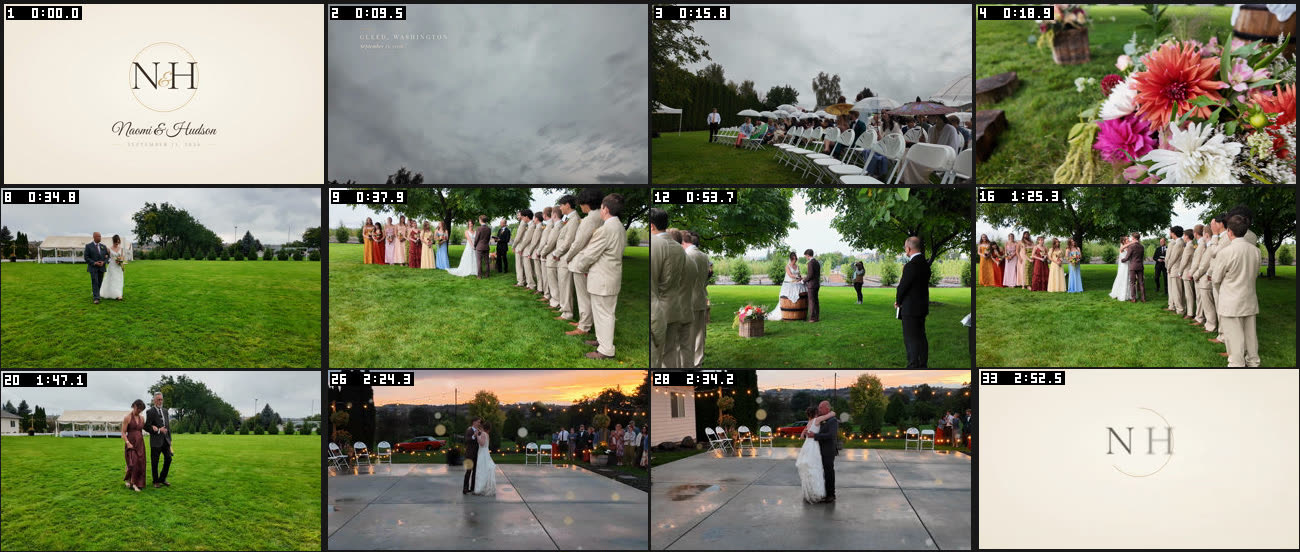 A grid of twelve frames from the film: the monogram card, grey sky, umbrellas over white chairs, flowers, the walk across the field, the wedding party under the tree, the first dance and the father–daughter dance